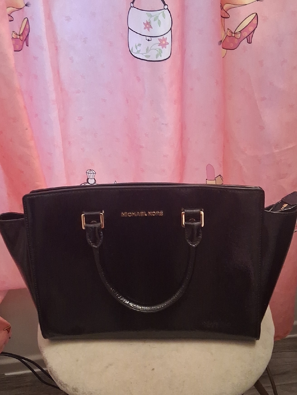 Michael Kors Black Leather Satchel with Gold Hardware